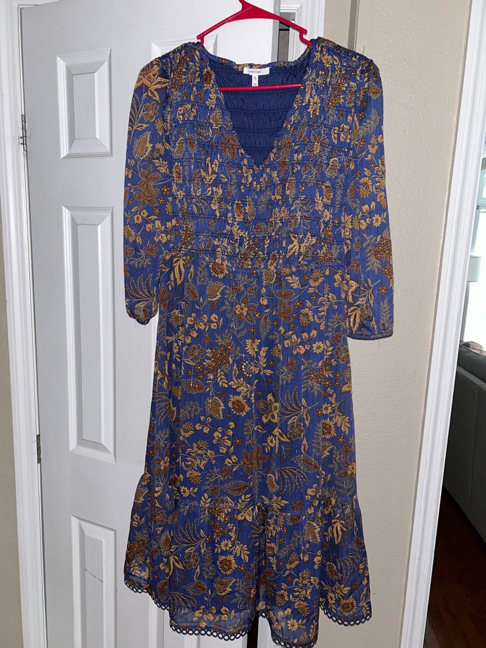 Maurices Blue Floral Midi Dress with Gold-Brown Print